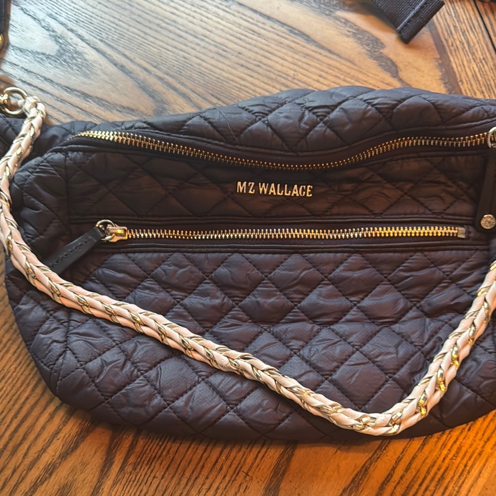 MZ Wallace Navy/White Crossbody Bag with Quilted Texture and Braided Strap
